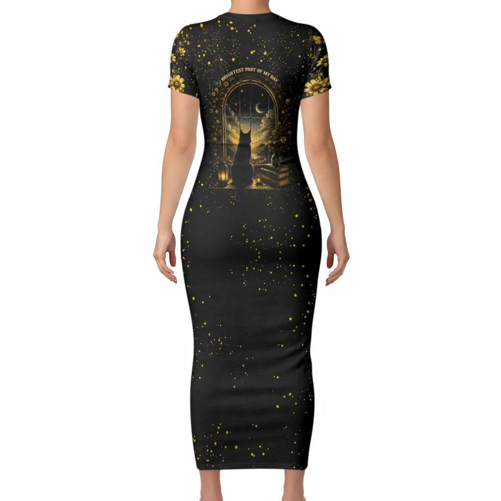 Black Cat Celestial Moon Short Sleeve Bodycon Dress Mystical Gold Floral Night Sky
