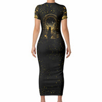 Black Cat Celestial Moon Short Sleeve Bodycon Dress Mystical Gold Floral Night Sky