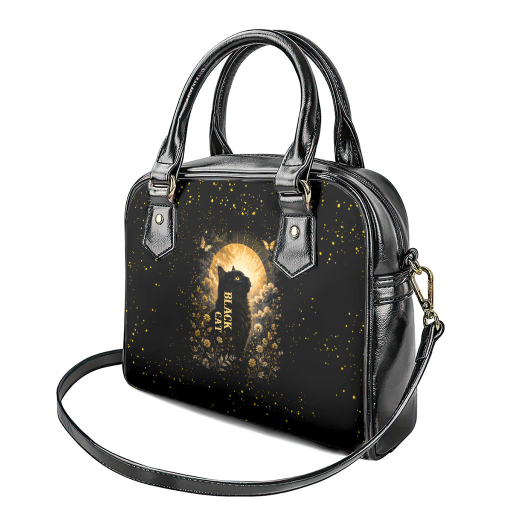 Black Cat Celestial Moon Shoulder Handbag Mystical Gold Floral Night Sky