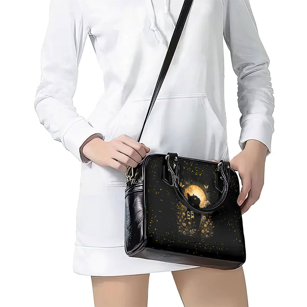 Black Cat Celestial Moon Shoulder Handbag Mystical Gold Floral Night Sky