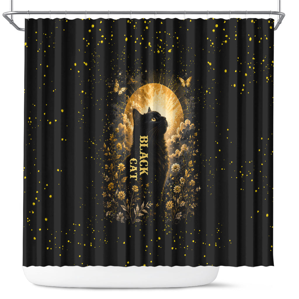 Black Cat Celestial Moon Shower Curtain Mystical Gold Floral Night Sky