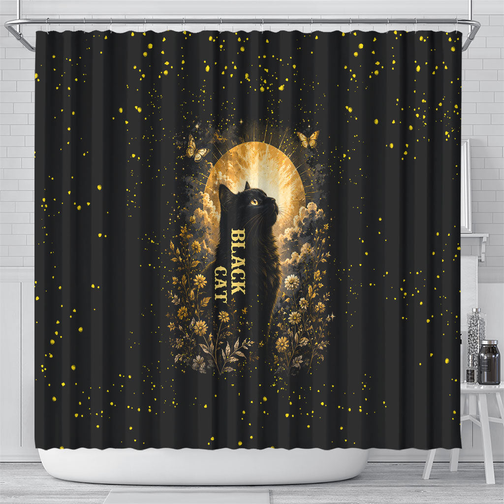 Black Cat Celestial Moon Shower Curtain Mystical Gold Floral Night Sky