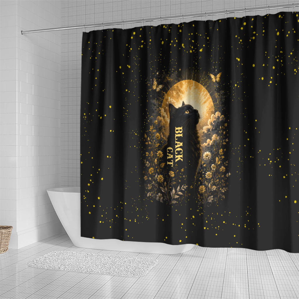 Black Cat Celestial Moon Shower Curtain Mystical Gold Floral Night Sky