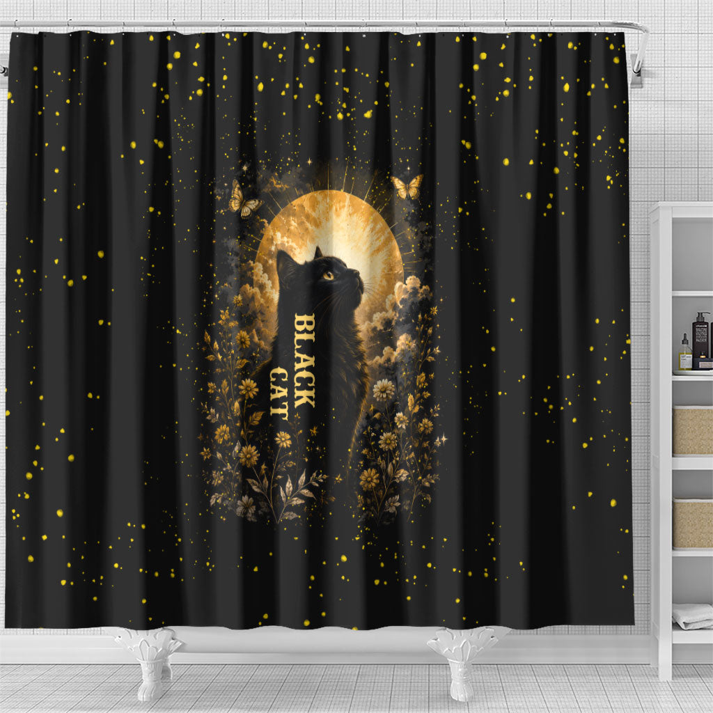 Black Cat Celestial Moon Shower Curtain Mystical Gold Floral Night Sky