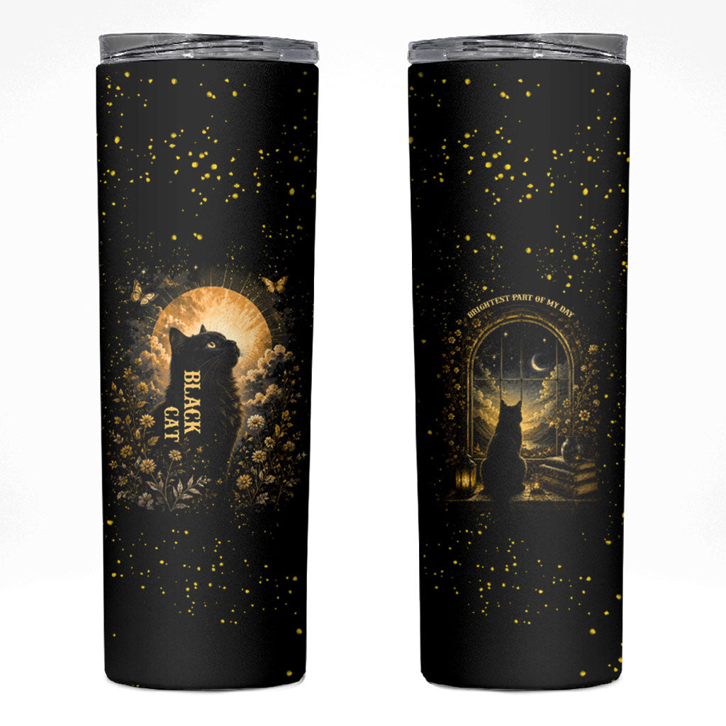 Black Cat Celestial Moon Skinny Tumbler Mystical Gold Floral Night Sky
