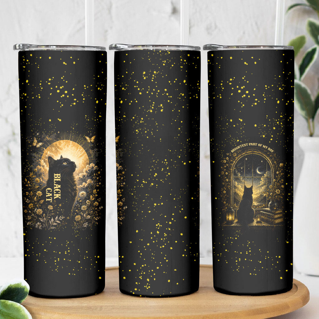 Black Cat Celestial Moon Skinny Tumbler Mystical Gold Floral Night Sky