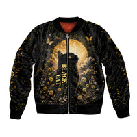 Black Cat Celestial Moon Sleeve Zip Bomber Jacket Mystical Gold Floral Night Sky