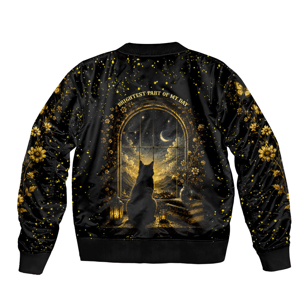 Black Cat Celestial Moon Sleeve Zip Bomber Jacket Mystical Gold Floral Night Sky
