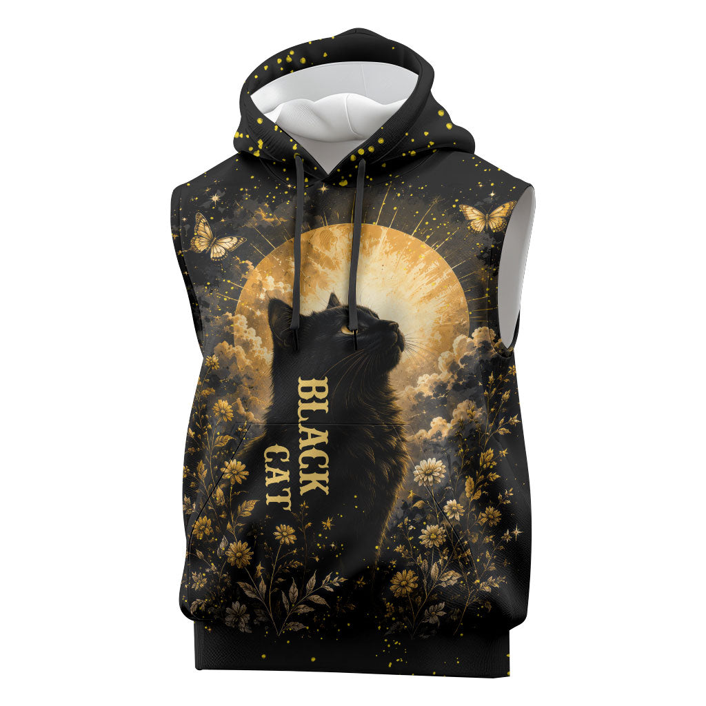 Black Cat Celestial Moon Sleeveless Hoodie Mystical Gold Floral Night Sky