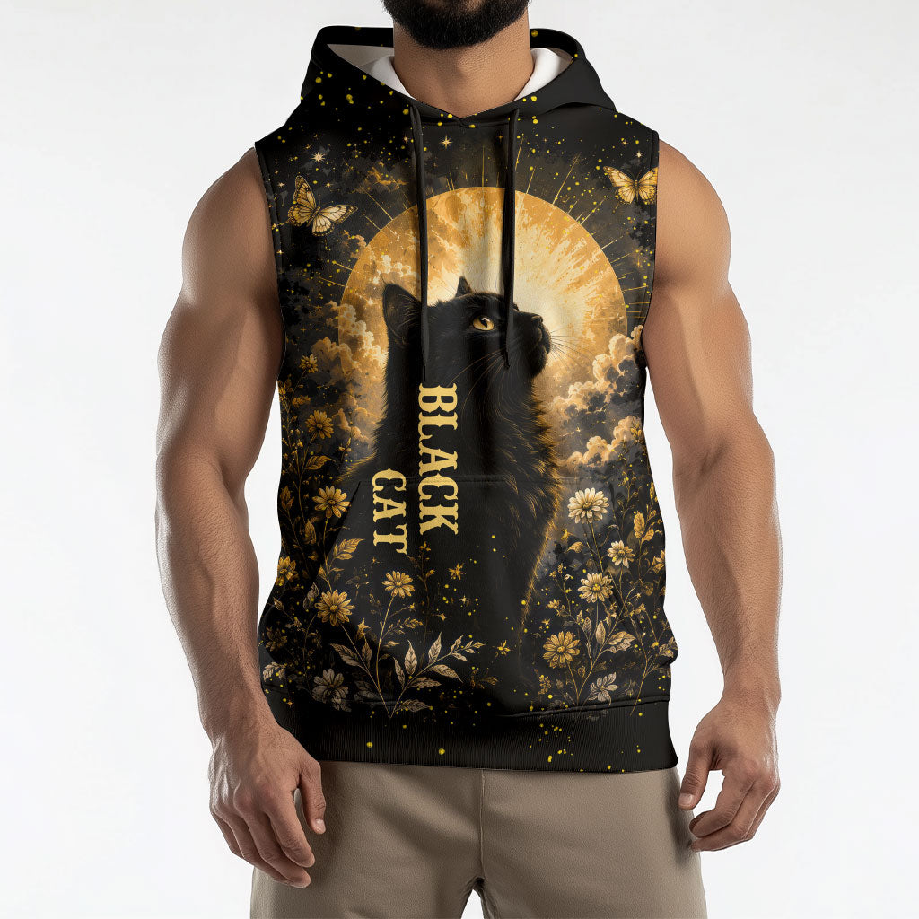 Black Cat Celestial Moon Sleeveless Hoodie Mystical Gold Floral Night Sky