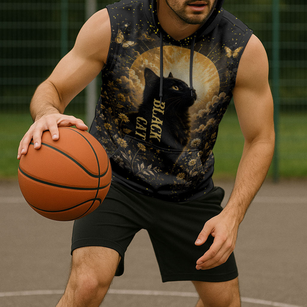Black Cat Celestial Moon Sleeveless Hoodie Mystical Gold Floral Night Sky