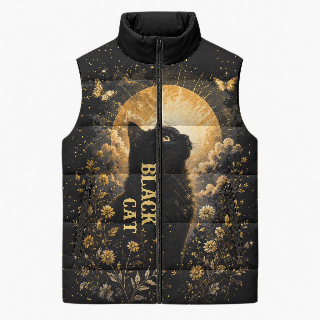 Black Cat Celestial Moon Sleeveless Puffer Jacket Mystical Gold Floral Night Sky