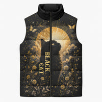 Black Cat Celestial Moon Sleeveless Puffer Jacket Mystical Gold Floral Night Sky