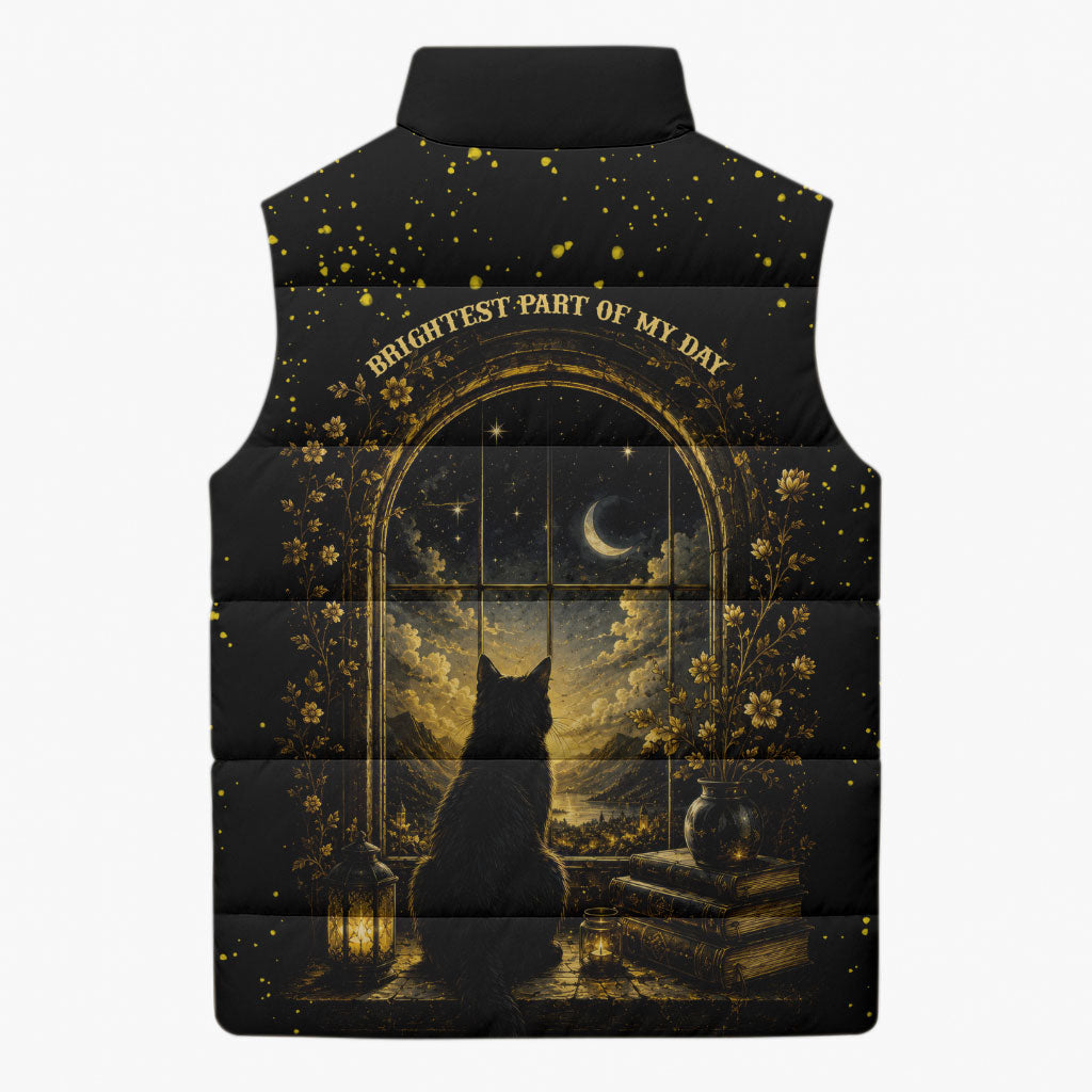 Black Cat Celestial Moon Sleeveless Puffer Jacket Mystical Gold Floral Night Sky