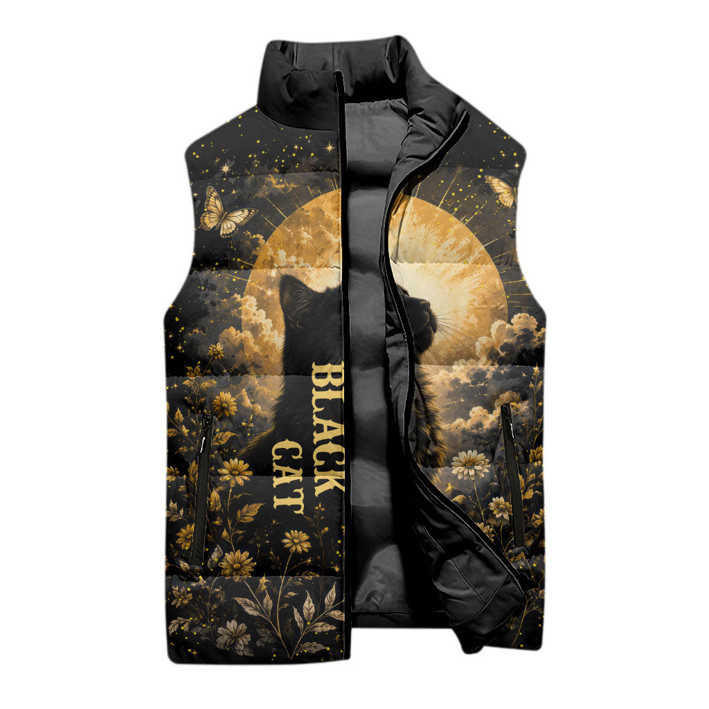 Black Cat Celestial Moon Sleeveless Puffer Jacket Mystical Gold Floral Night Sky