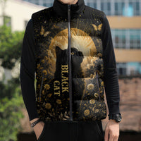 Black Cat Celestial Moon Sleeveless Puffer Jacket Mystical Gold Floral Night Sky