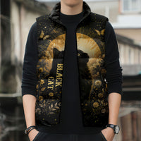 Black Cat Celestial Moon Sleeveless Puffer Jacket Mystical Gold Floral Night Sky