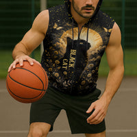 Black Cat Celestial Moon Sleeveless Zip Hoodie Mystical Gold Floral Night Sky