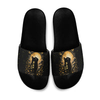 Black Cat Celestial Moon Slide Sandals Mystical Gold Floral Night Sky