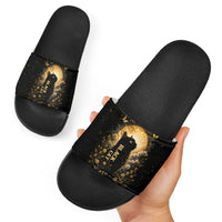 Black Cat Celestial Moon Slide Sandals Mystical Gold Floral Night Sky