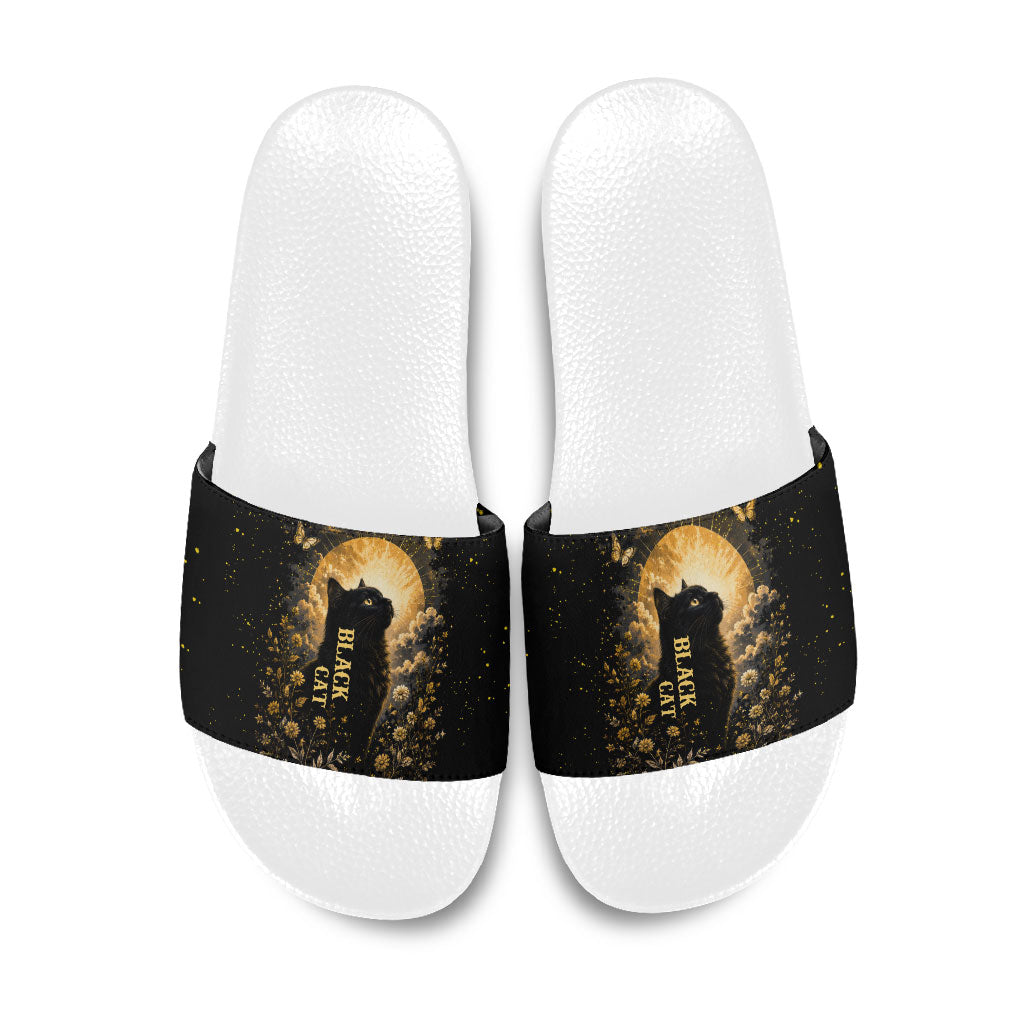 Black Cat Celestial Moon Slide Sandals Mystical Gold Floral Night Sky
