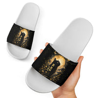 Black Cat Celestial Moon Slide Sandals Mystical Gold Floral Night Sky
