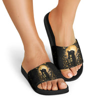 Black Cat Celestial Moon Slide Sandals Mystical Gold Floral Night Sky