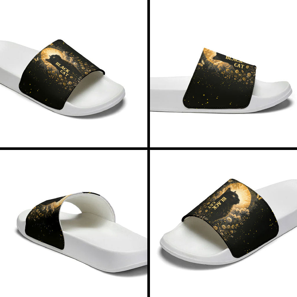 Black Cat Celestial Moon Slide Sandals Mystical Gold Floral Night Sky
