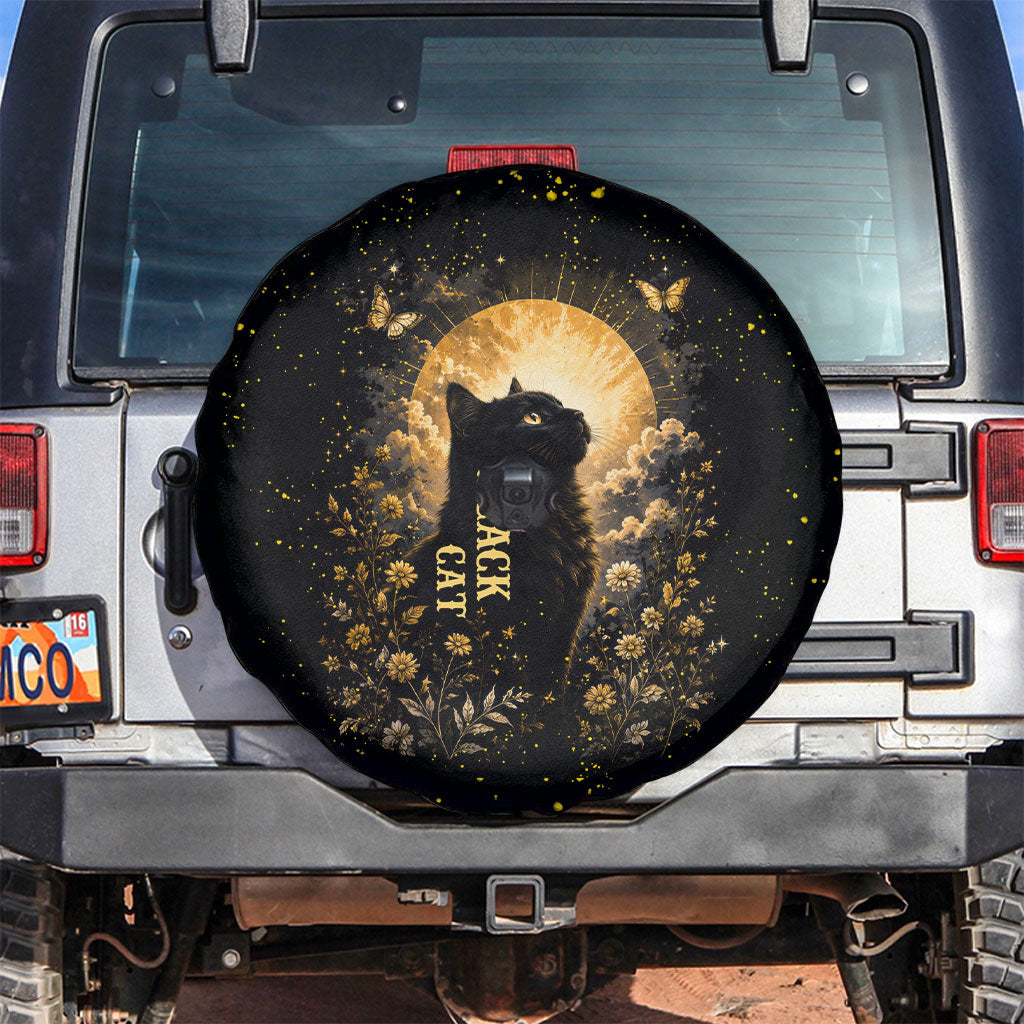 Black Cat Celestial Moon Spare Tire Cover Mystical Gold Floral Night Sky