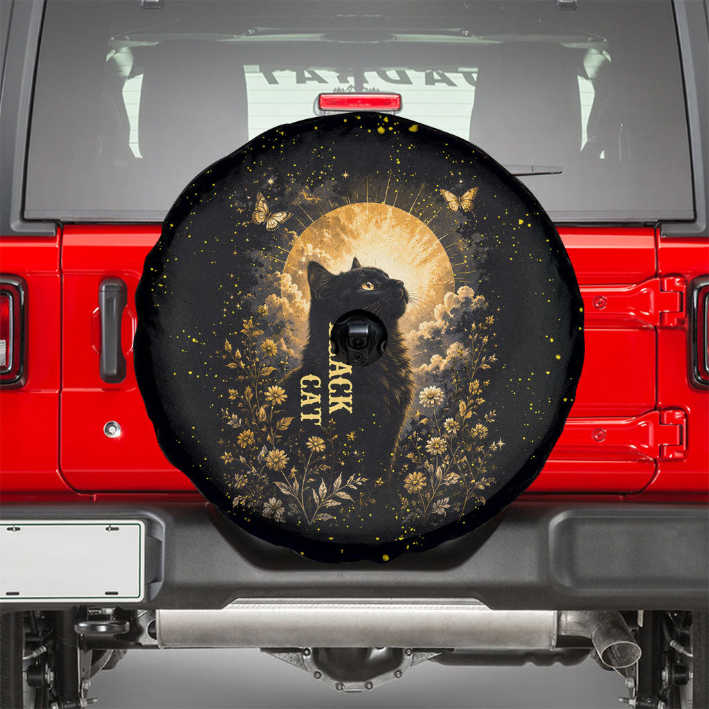 Black Cat Celestial Moon Spare Tire Cover Mystical Gold Floral Night Sky