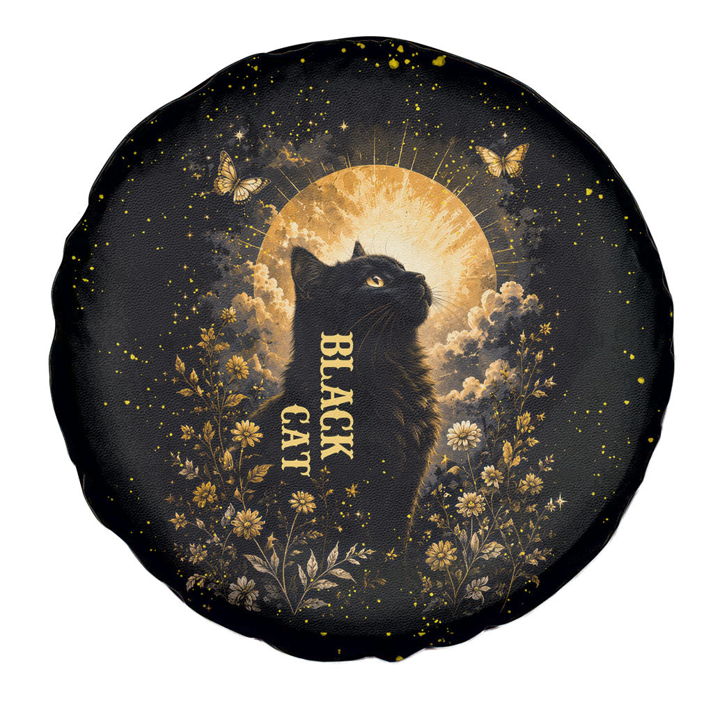 Black Cat Celestial Moon Spare Tire Cover Mystical Gold Floral Night Sky