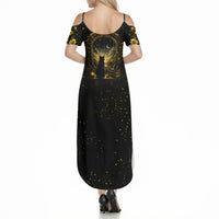 Black Cat Celestial Moon Summer Maxi Dress Mystical Gold Floral Night Sky