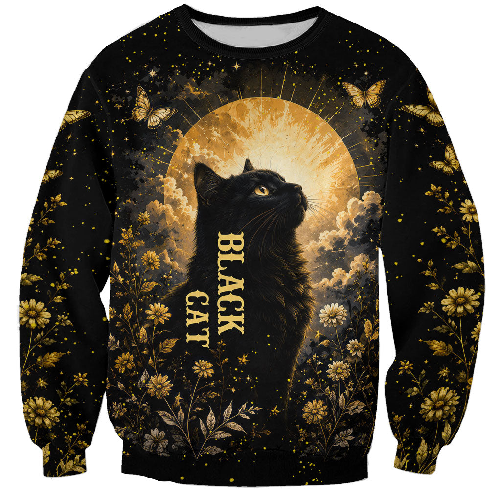 Black Cat Celestial Moon Sweatshirt Mystical Gold Floral Night Sky