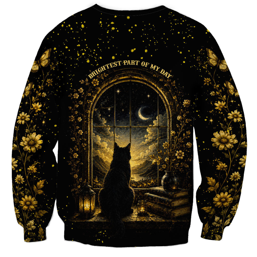 Black Cat Celestial Moon Sweatshirt Mystical Gold Floral Night Sky