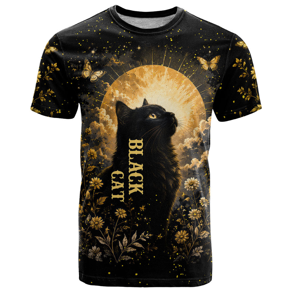 Black Cat Celestial Moon T Shirt Mystical Gold Floral Night Sky