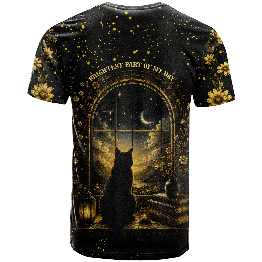 Black Cat Celestial Moon T Shirt Mystical Gold Floral Night Sky