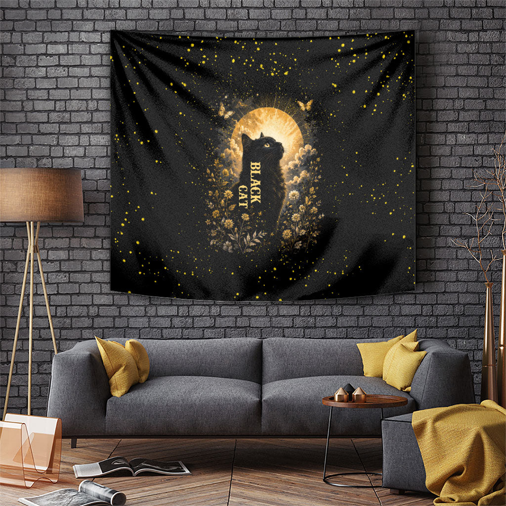Black Cat Celestial Moon Tapestry Mystical Gold Floral Night Sky