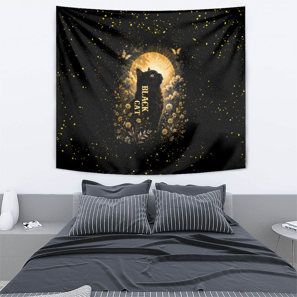 Black Cat Celestial Moon Tapestry Mystical Gold Floral Night Sky