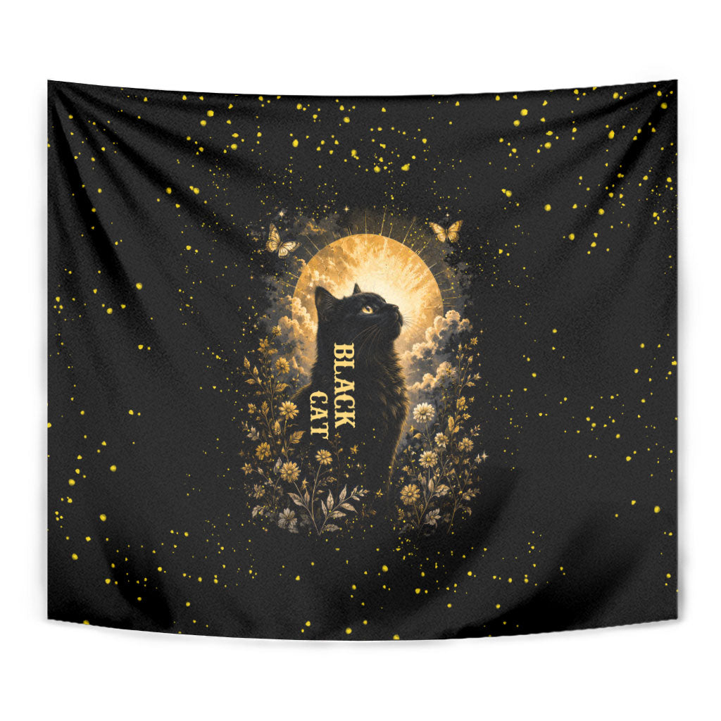 Black Cat Celestial Moon Tapestry Mystical Gold Floral Night Sky