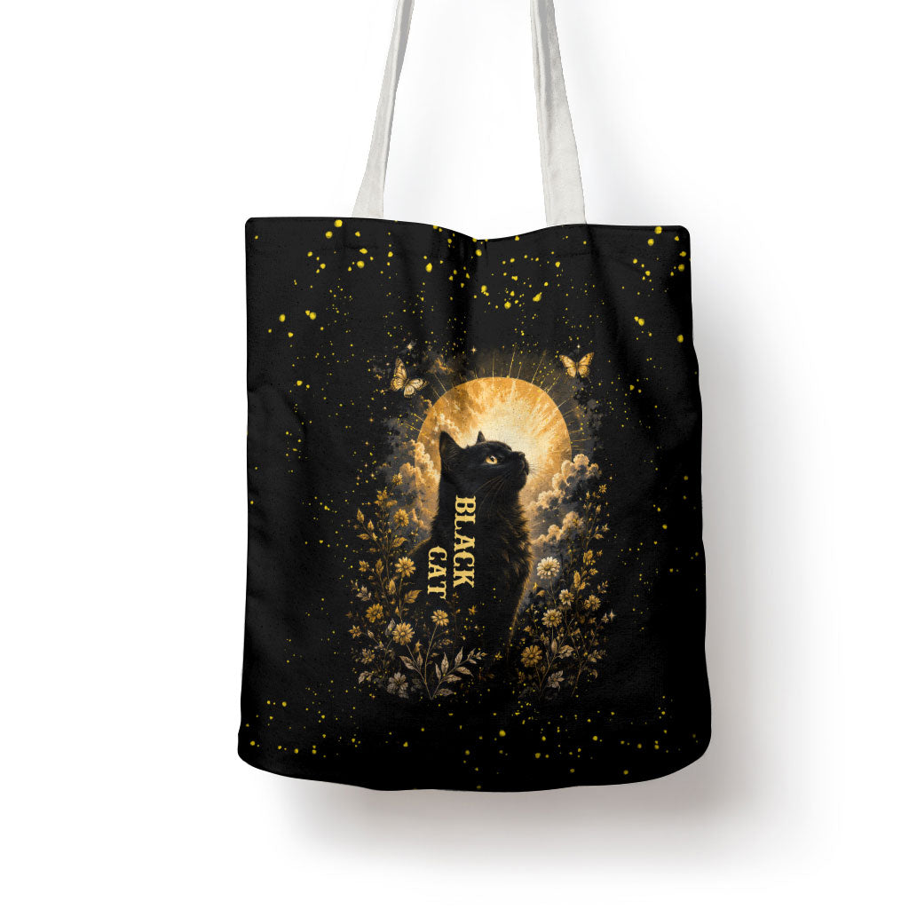 Black Cat Celestial Moon Tote Bag Mystical Gold Floral Night Sky