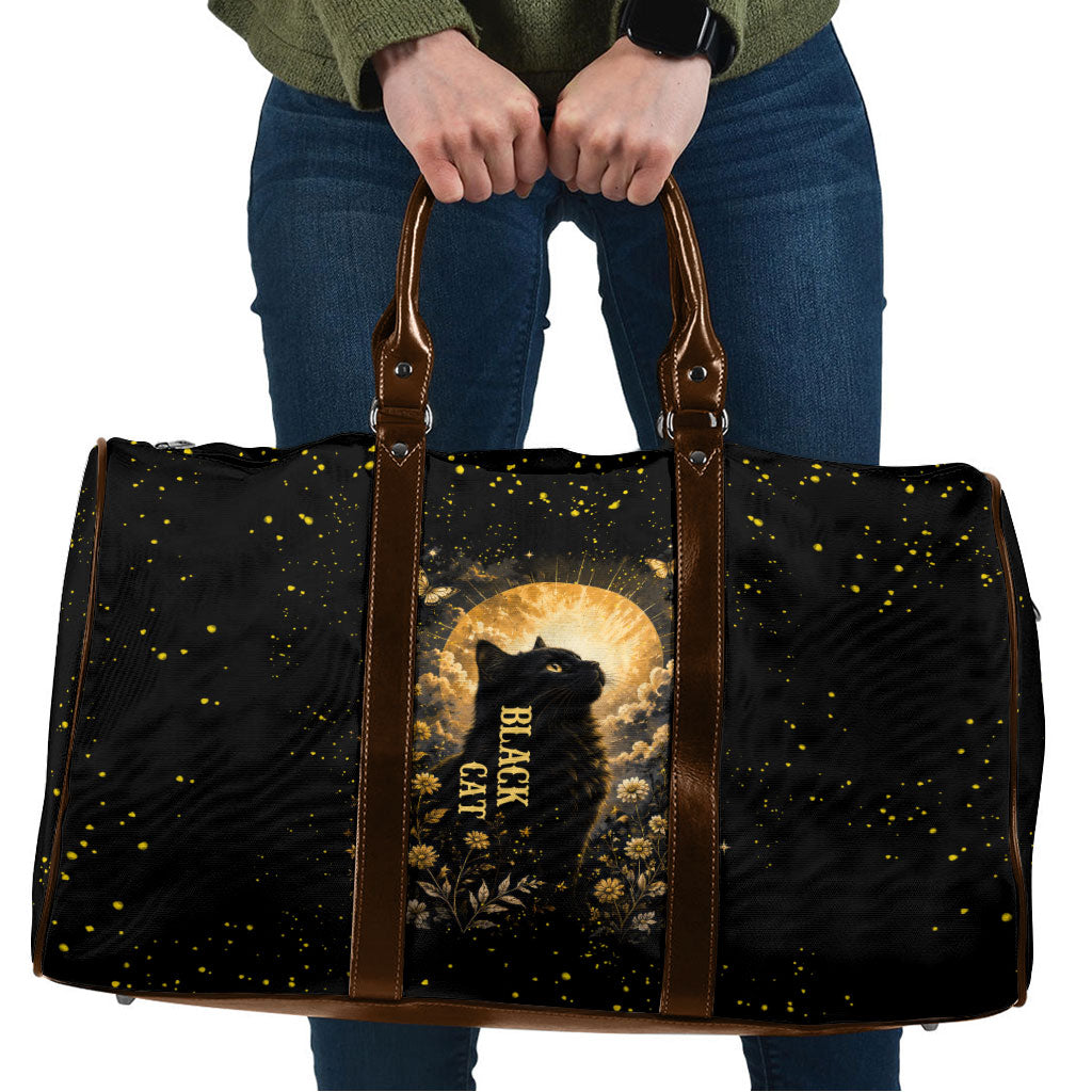 Black Cat Celestial Moon Travel Bag Mystical Gold Floral Night Sky
