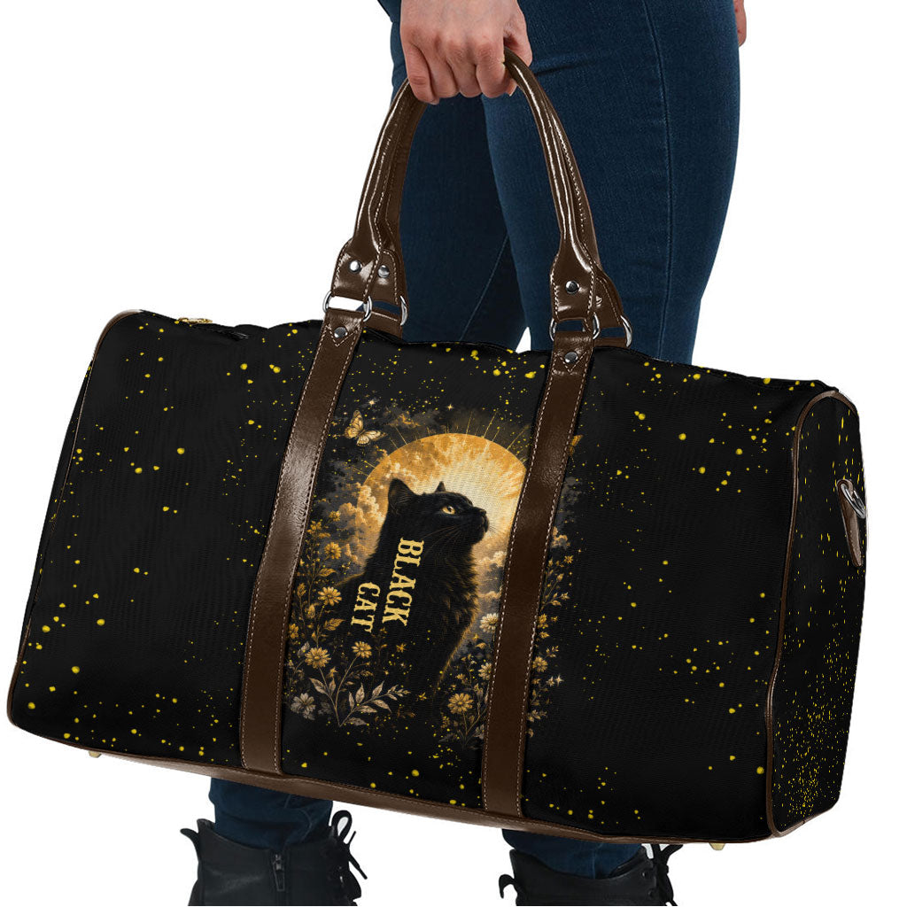 Black Cat Celestial Moon Travel Bag Mystical Gold Floral Night Sky