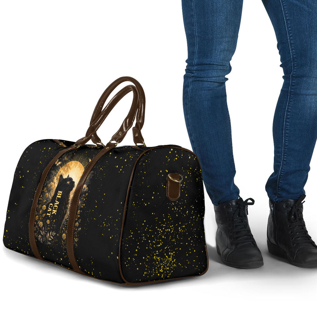 Black Cat Celestial Moon Travel Bag Mystical Gold Floral Night Sky