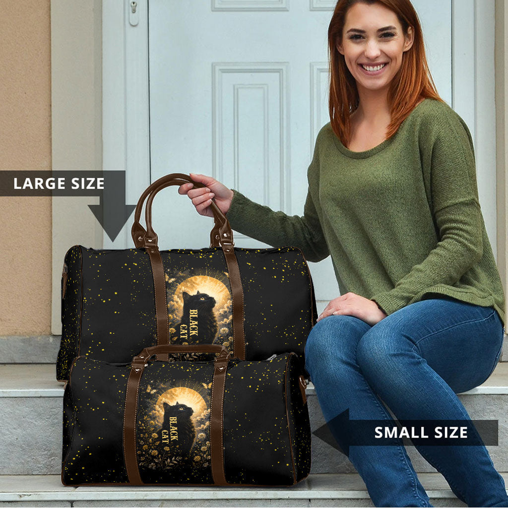 Black Cat Celestial Moon Travel Bag Mystical Gold Floral Night Sky