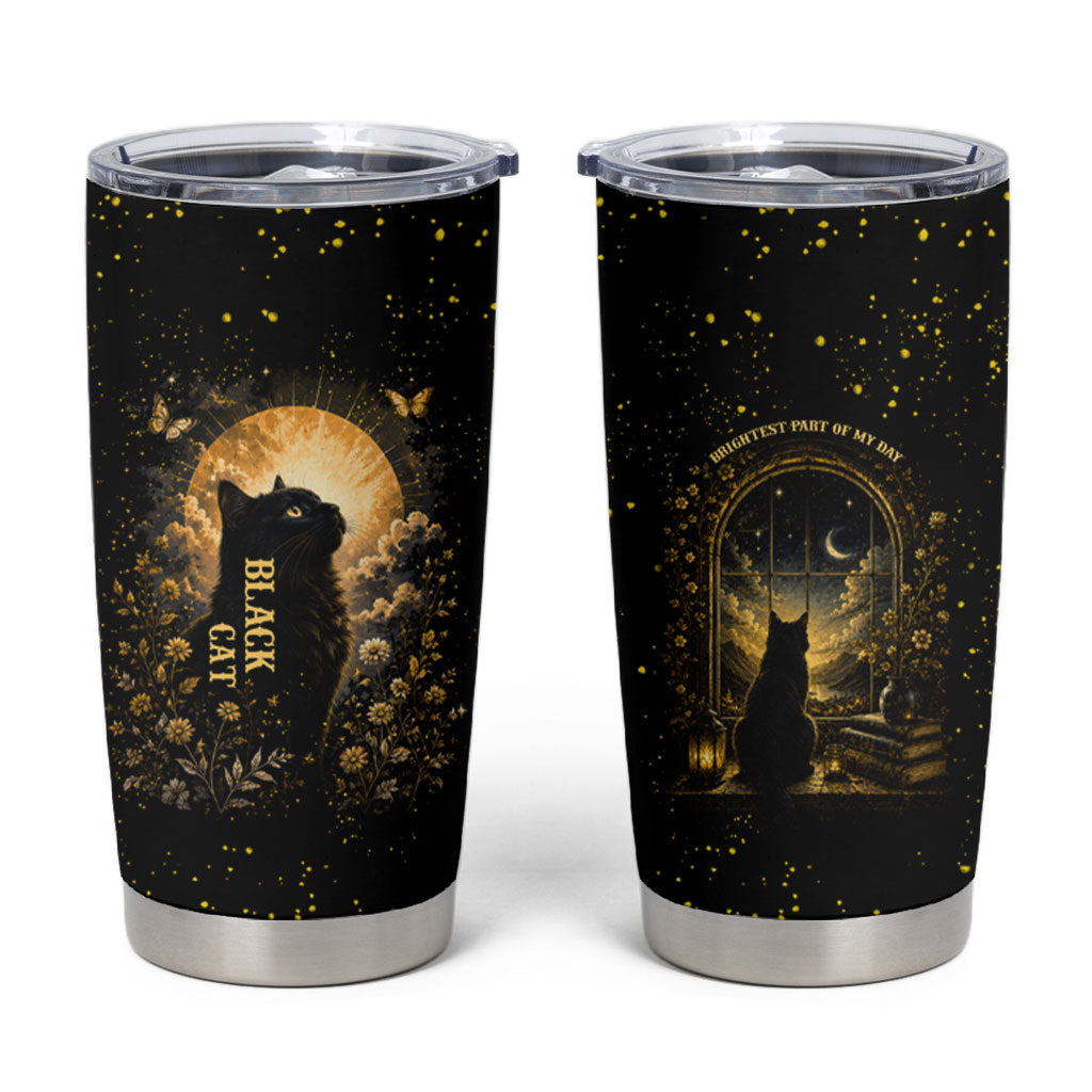 Black Cat Celestial Moon Tumbler Cup Mystical Gold Floral Night Sky