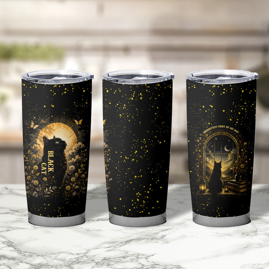Black Cat Celestial Moon Tumbler Cup Mystical Gold Floral Night Sky