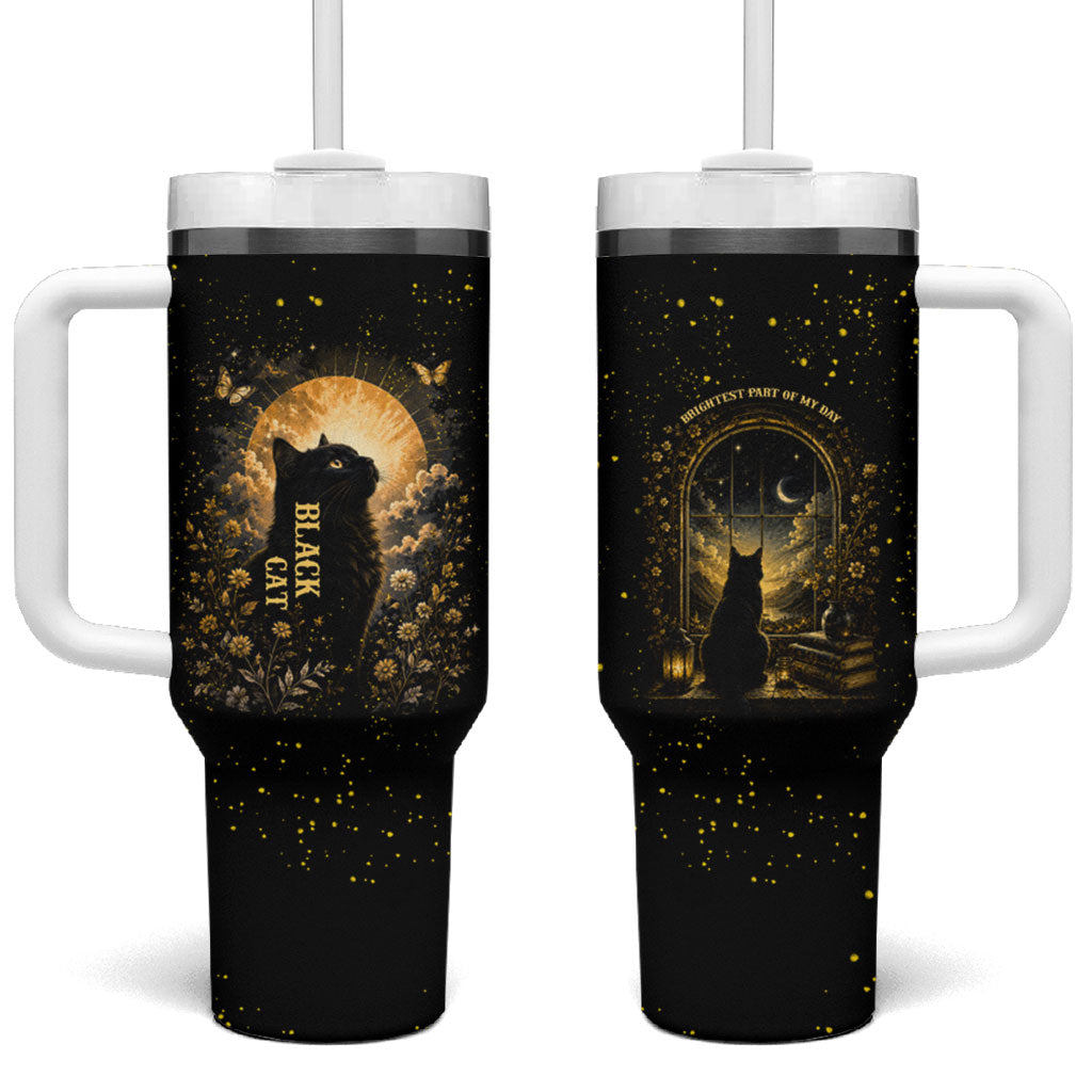 Black Cat Celestial Moon Tumbler With Handle Mystical Gold Floral Night Sky