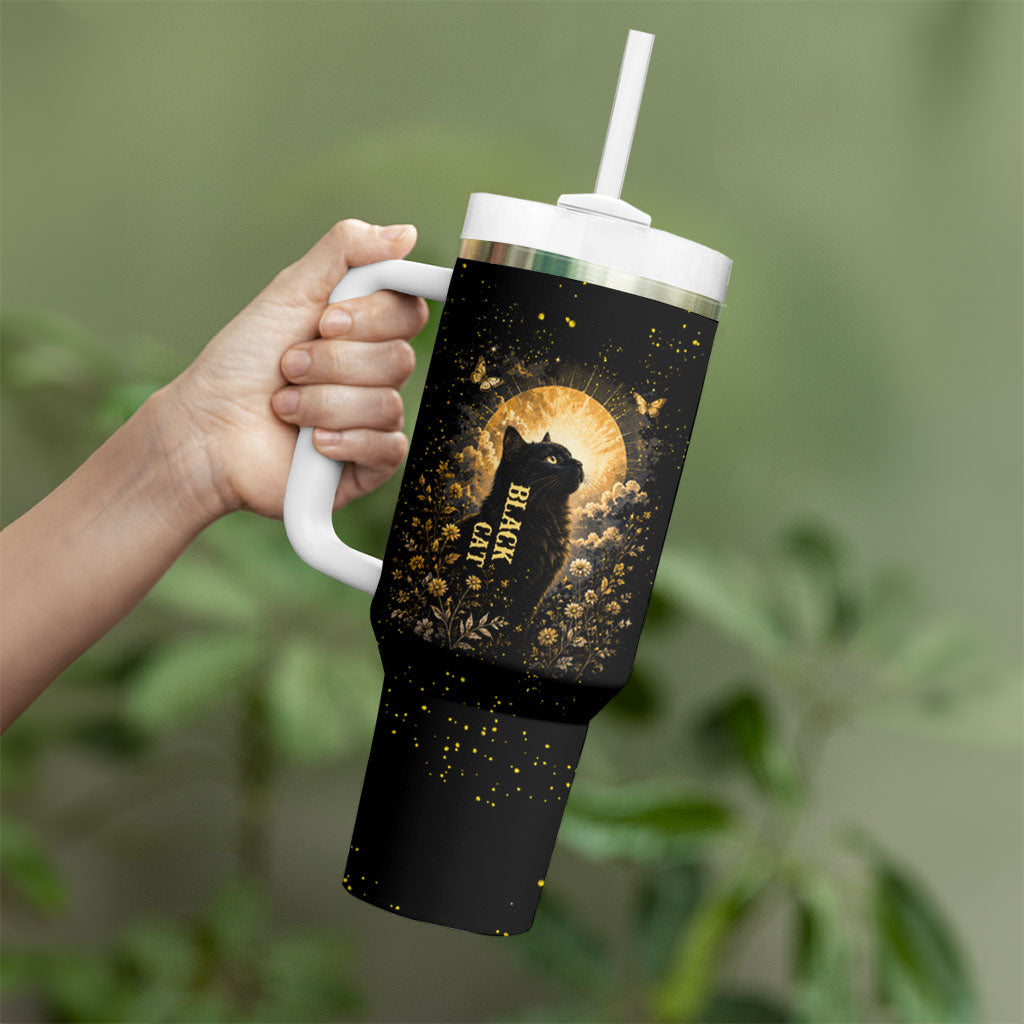 Black Cat Celestial Moon Tumbler With Handle Mystical Gold Floral Night Sky