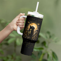 Black Cat Celestial Moon Tumbler With Handle Mystical Gold Floral Night Sky