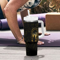 Black Cat Celestial Moon Tumbler With Handle Mystical Gold Floral Night Sky